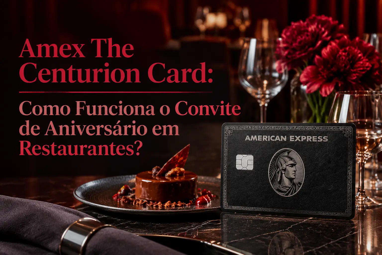 Amex The Centurion Card em mesa de restaurante sofisticado, ilustrando o convite de aniversário Centurion Celebrations.