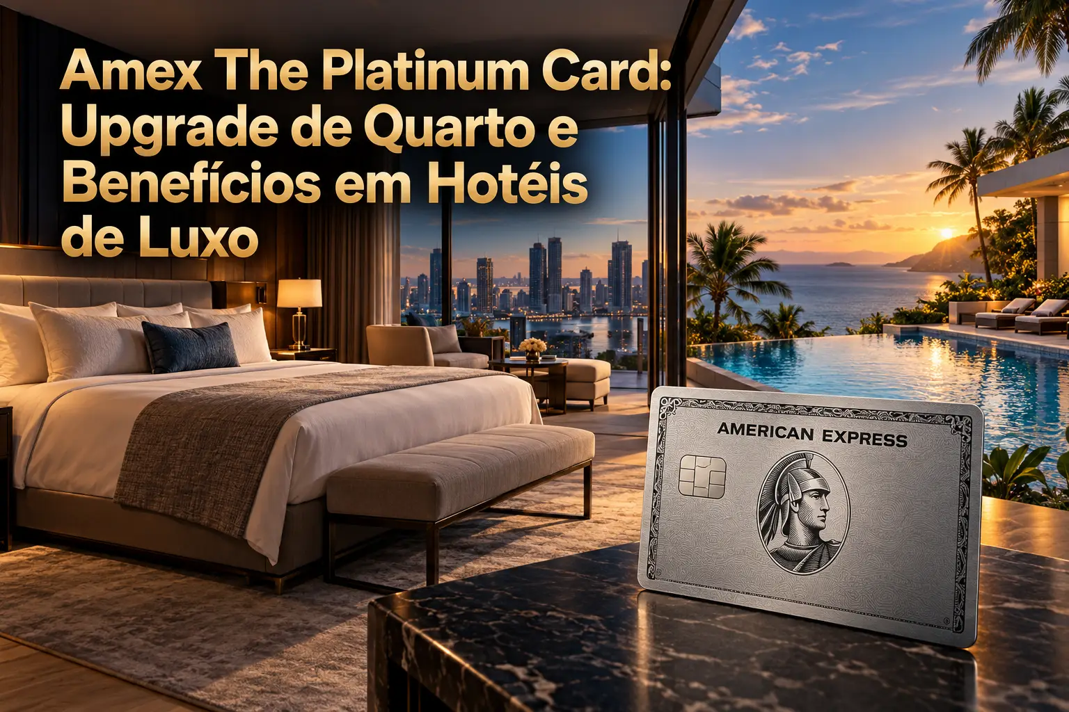 Amex The Platinum Card em suíte de hotel de luxo com piscina de borda infinita, destacando upgrade de quarto e benefícios em hospedagens.