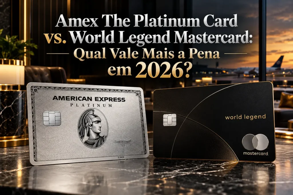 Comparativo Amex The Platinum Card vs. Mastercard World Legend em 2026, com cartões premium em cenário de lounge aeroportuário de luxo.