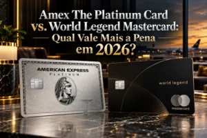 Comparativo Amex The Platinum Card vs. Mastercard World Legend em 2026, com cartões premium em cenário de lounge aeroportuário de luxo.