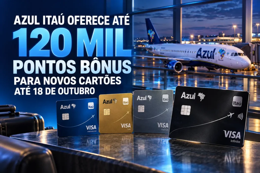 Cartões Azul Itaú Internacional, Gold, Platinum e Visa Infinite em aeroporto, com promoção de até 120 mil pontos bônus até 18 de outubro de 2026.