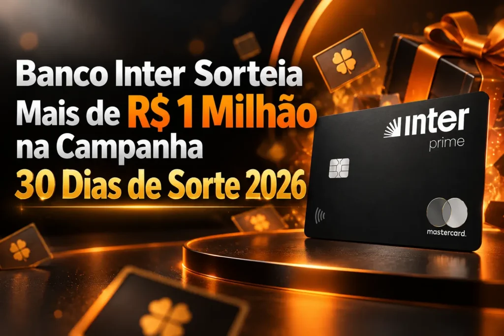 Banco Inter 30 Dias de Sorte 2026: campanha com mais de R$ 1 milhão em prêmios, ilustrada pelo cartão Inter Prime Mastercard Black.