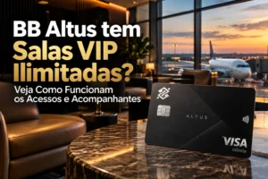 BB Altus Visa Infinite em sala VIP de aeroporto, com destaque para acessos ilimitados e acompanhantes