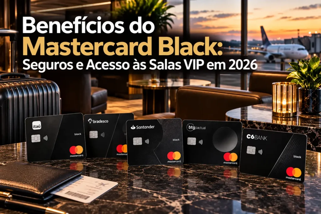 Cartões Mastercard Black do Itaú, Bradesco, Santander, BTG Pactual e C6 Bank em sala VIP de aeroporto, destacando benefícios, seguros e acesso às salas VIP em 2026.