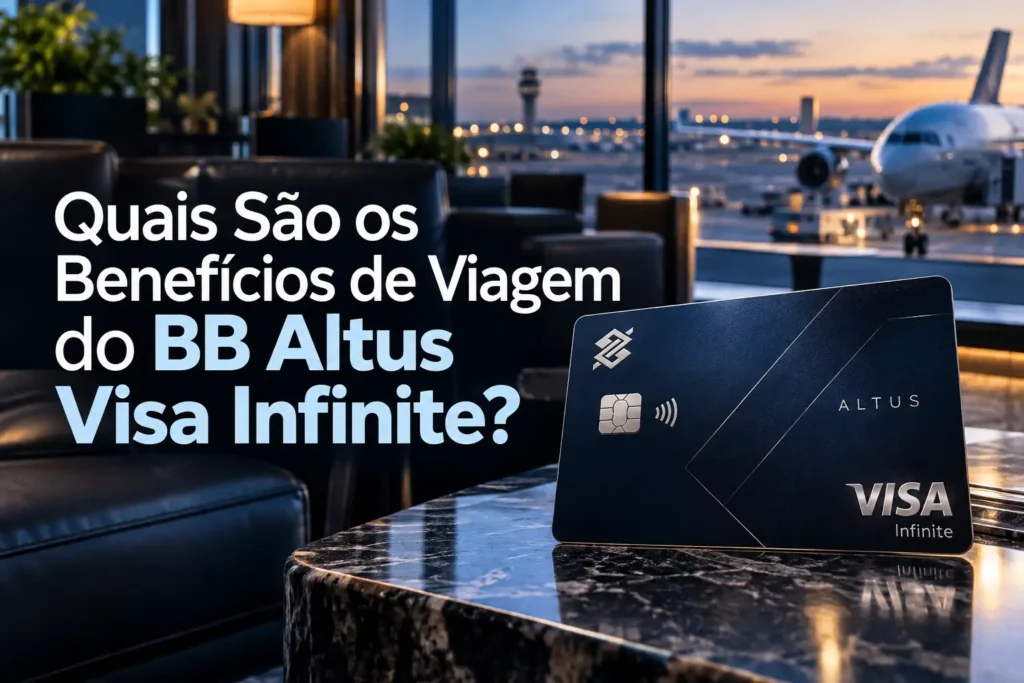 BB Altus Visa Infinite em sala VIP de aeroporto, destacando benefícios de viagem, seguros e acesso a lounges internacionais.