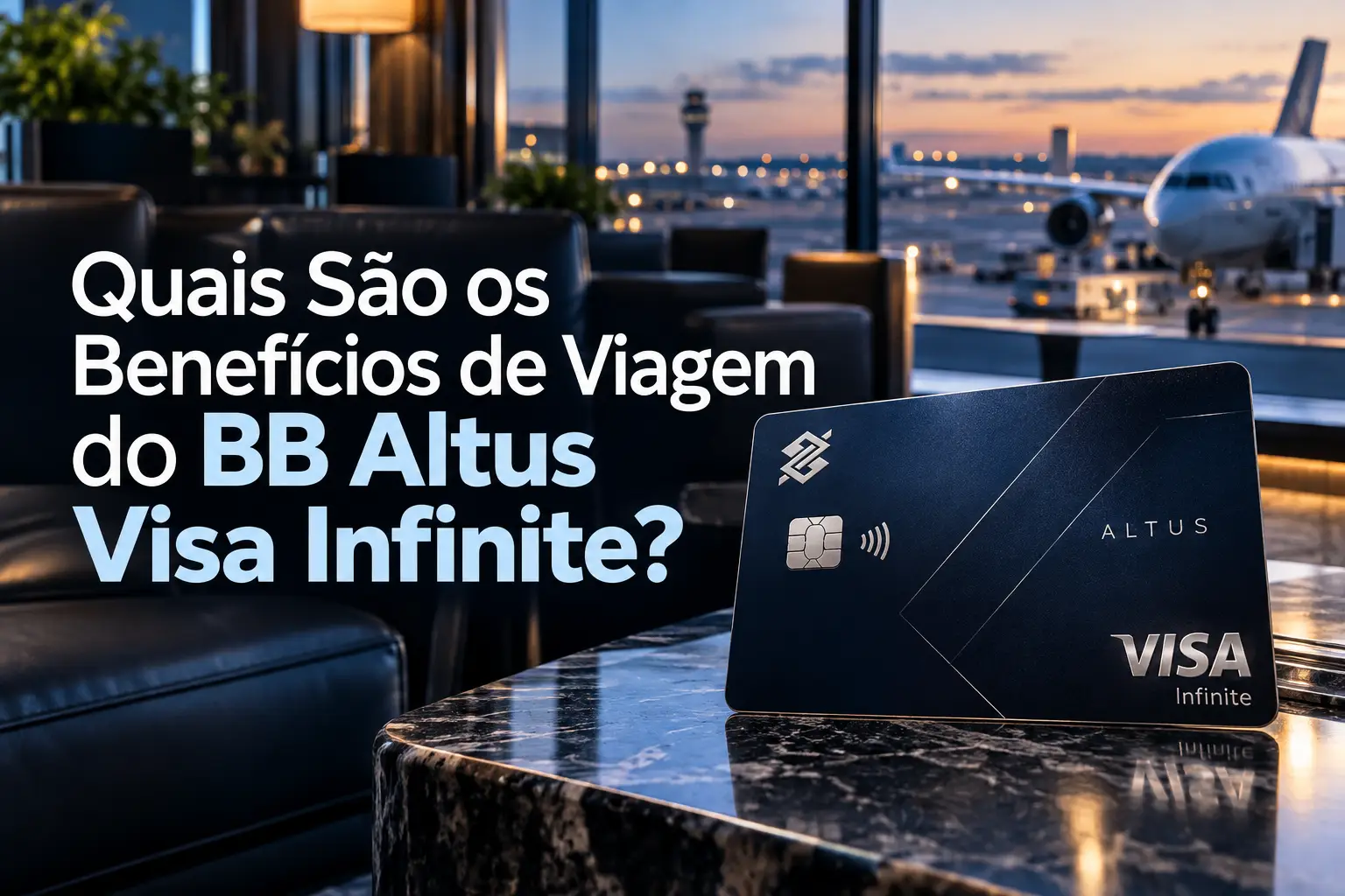 BB Altus Visa Infinite em sala VIP de aeroporto, destacando benefícios de viagem, seguros e acesso a lounges internacionais.