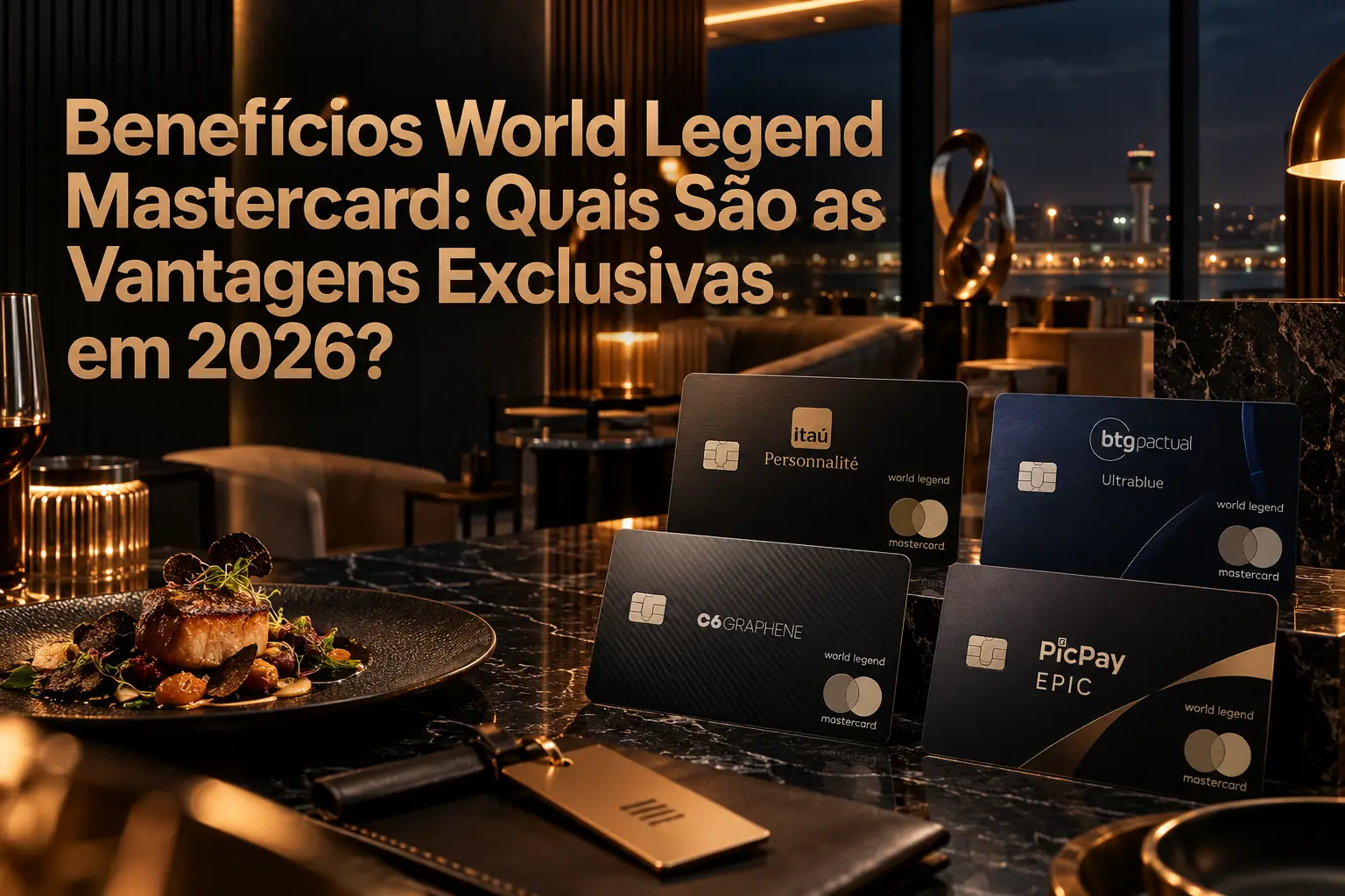 Benefícios World Legend Mastercard 2026 com cartões Itaú Personnalité, BTG Ultrablue, C6 Graphene e PicPay Epic em ambiente de luxo.