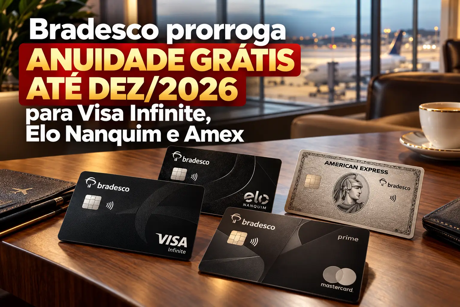 Bradesco anuidade grátis 2026 para Visa Infinite, Elo Nanquim e Amex The Platinum Card, com cartões premium sobre mesa em lounge de aeroporto.
