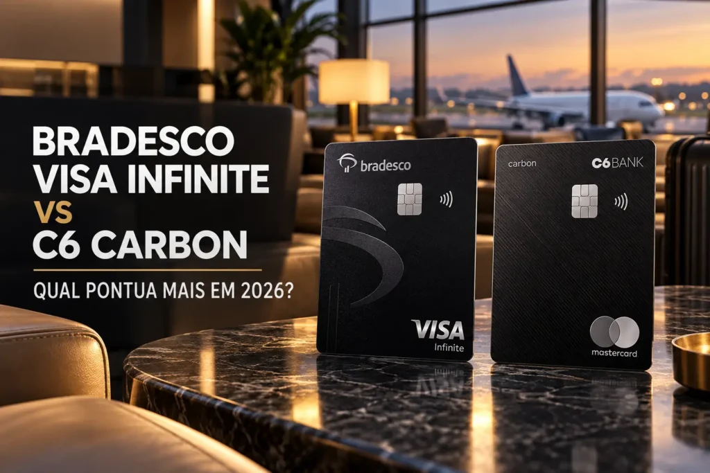Bradesco Visa Infinite vs C6 Carbon Mastercard Black em comparativo de pontos e salas VIP em 2026