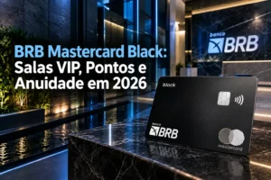 BRB Mastercard Black em destaque sobre bancada de mármore preto, em ambiente bancário premium com iluminação azul e logotipo do Banco BRB ao fundo.