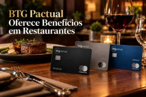 Cartões BTG Pactual em restaurante premium representando benefícios em restaurantes como Rubaiyat, Fogo de Chão e Varanda Grill.