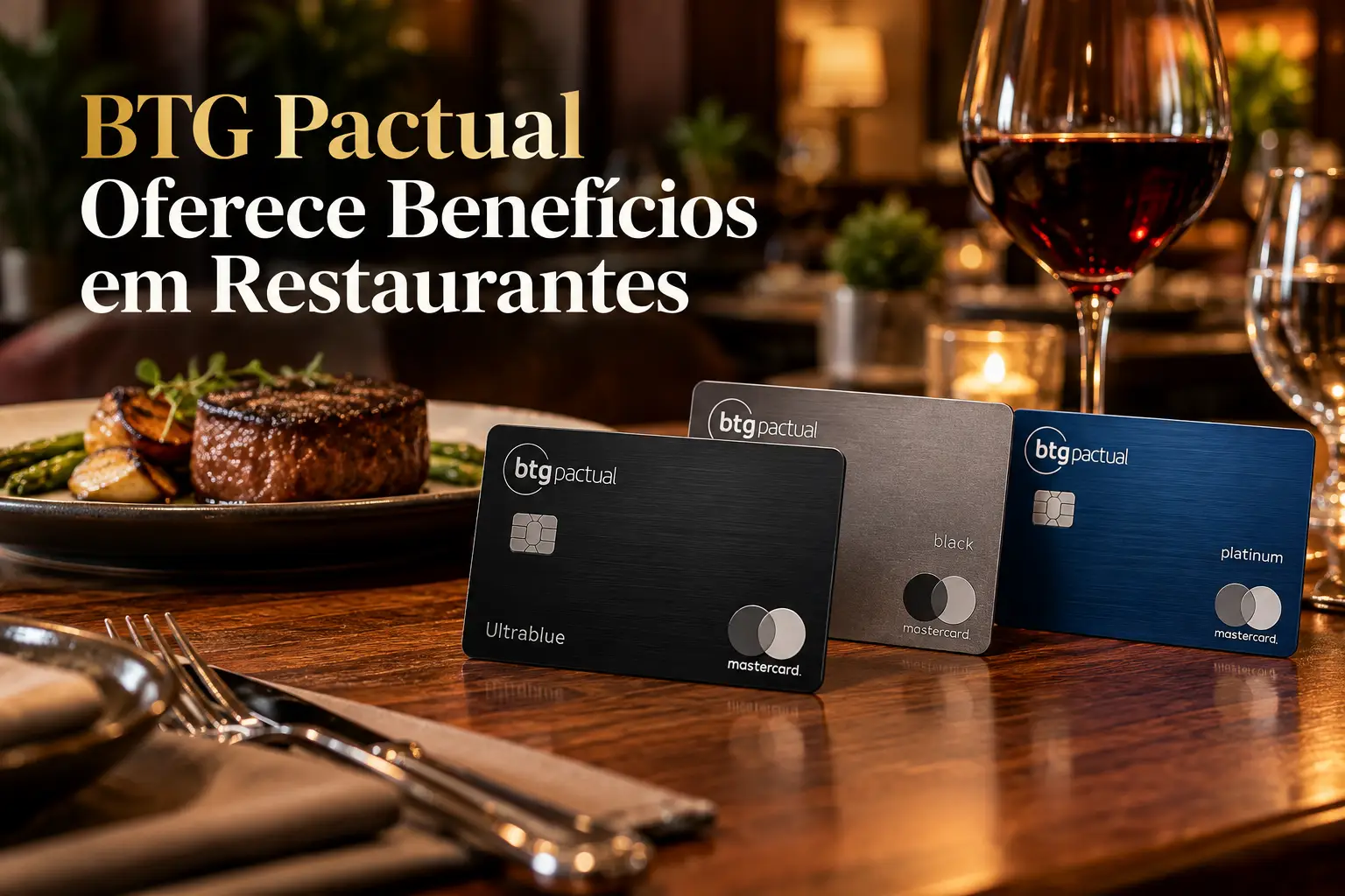 Cartões BTG Pactual em restaurante premium representando benefícios em restaurantes como Rubaiyat, Fogo de Chão e Varanda Grill.