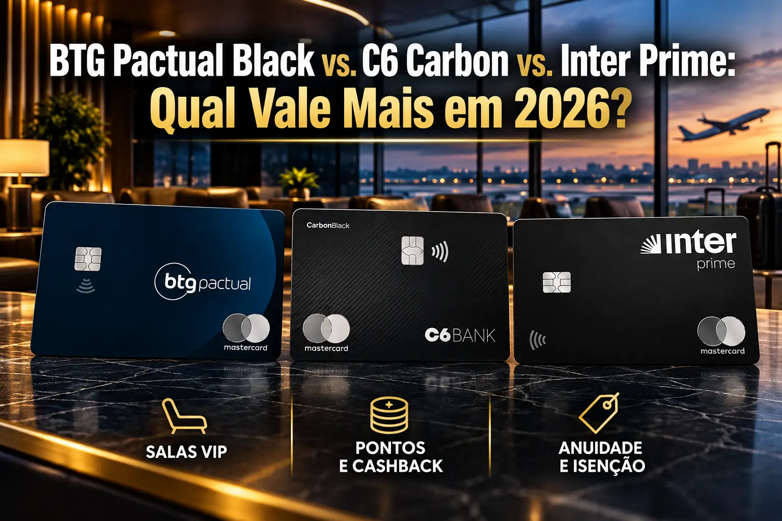 BTG Pactual Black vs. C6 Carbon vs. Inter Prime em 2026: comparação dos três cartões Mastercard Black, com destaque para salas VIP, pontos, cashback e anuidade.