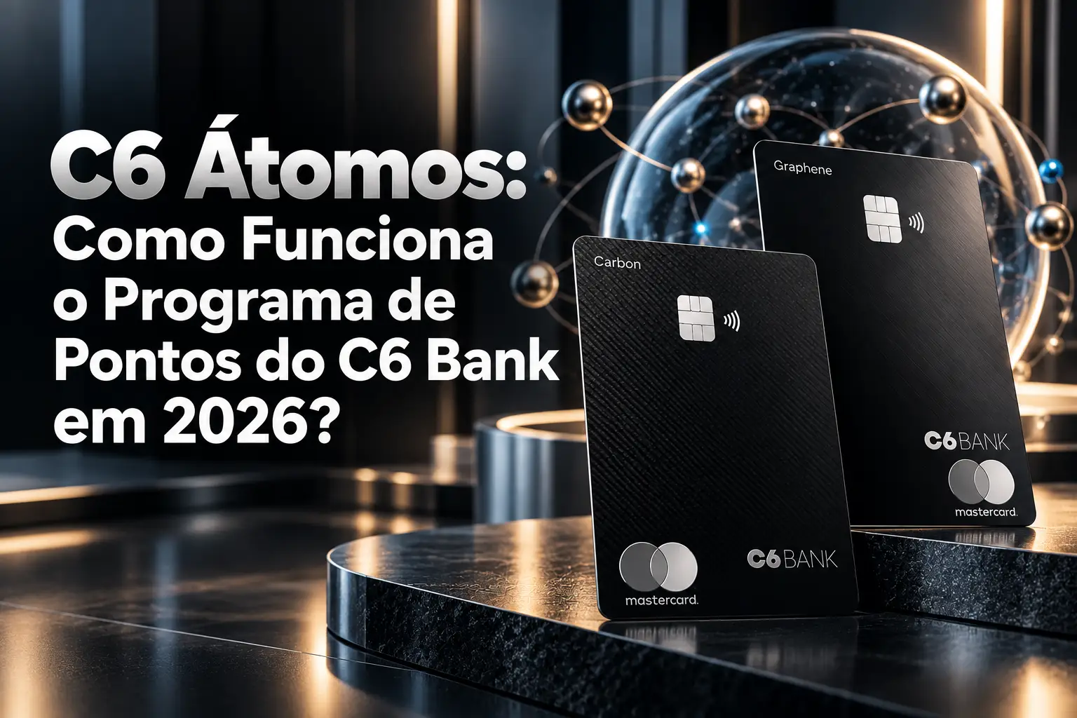 C6 Átomos: programa de pontos do C6 Bank em 2026, com cartões C6 Carbon e C6 Graphene em cenário premium tecnológico.