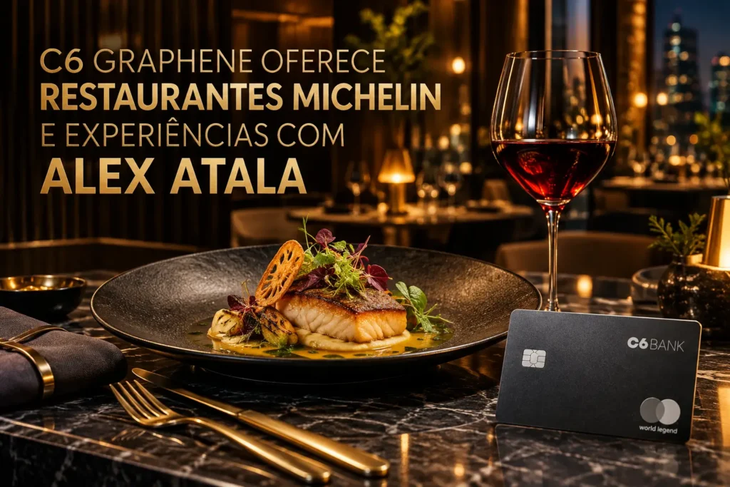 C6 Graphene World Legend Mastercard em restaurante de alta gastronomia, destacando experiências Michelin e Alex Atala.