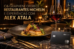 C6 Graphene World Legend Mastercard em restaurante de alta gastronomia, destacando experiências Michelin e Alex Atala.