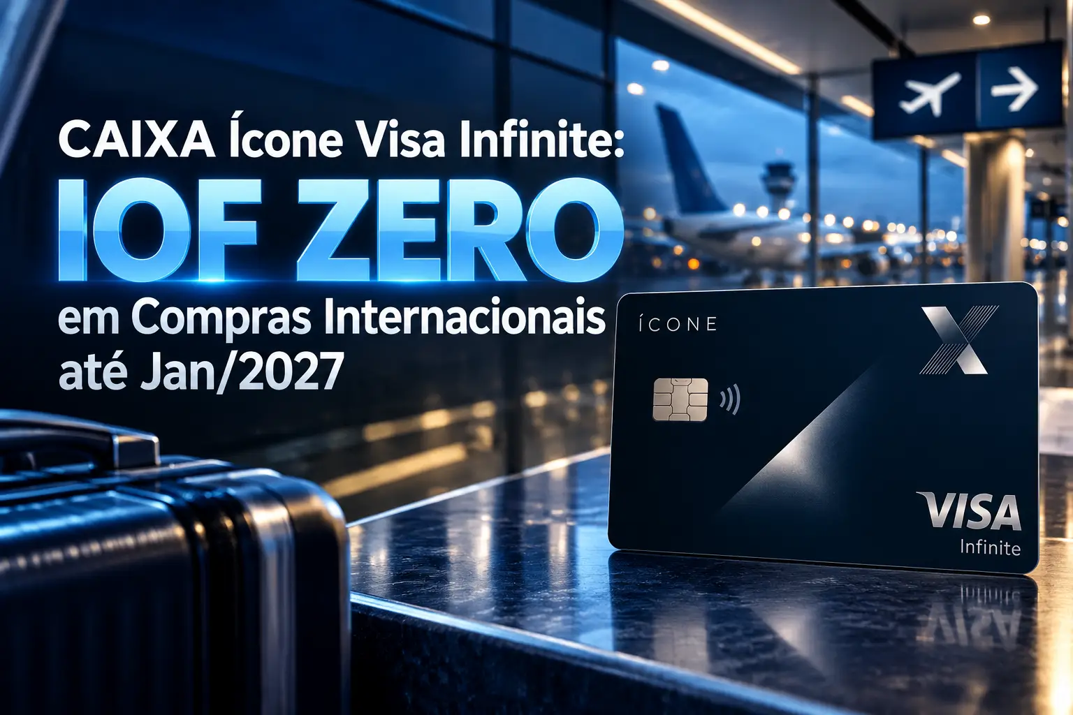 CAIXA Ícone Visa Infinite com IOF Zero em compras internacionais até janeiro de 2027, ilustrado em aeroporto internacional.