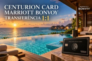 The Centurion Card American Express e Marriott Bonvoy 1:1, com piscina infinita de resort de luxo e vista panorâmica para o oceano nas Maldivas.