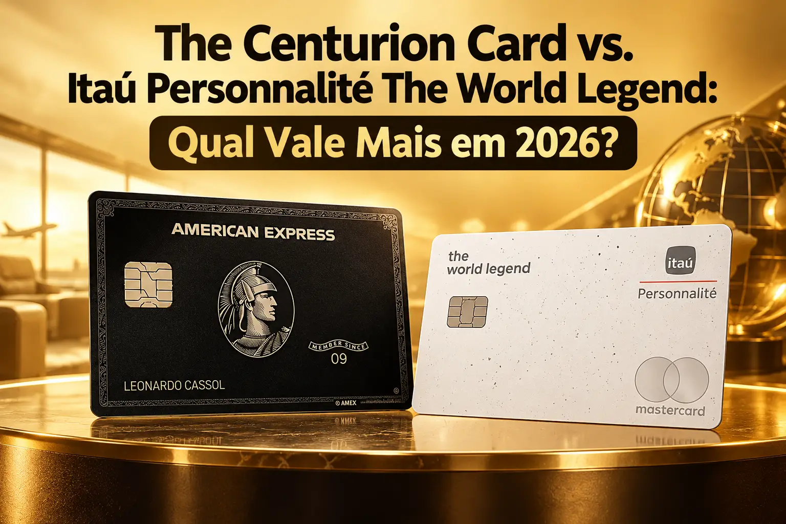 The Centurion Card vs. Itaú Personnalité The World Legend em 2026, com os cartões American Express e Mastercard lado a lado sobre fundo dourado.