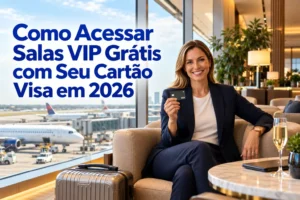 Como acessar salas VIP grátis com cartão Visa em 2026: mulher apresenta cartão Visa em sala VIP de aeroporto.