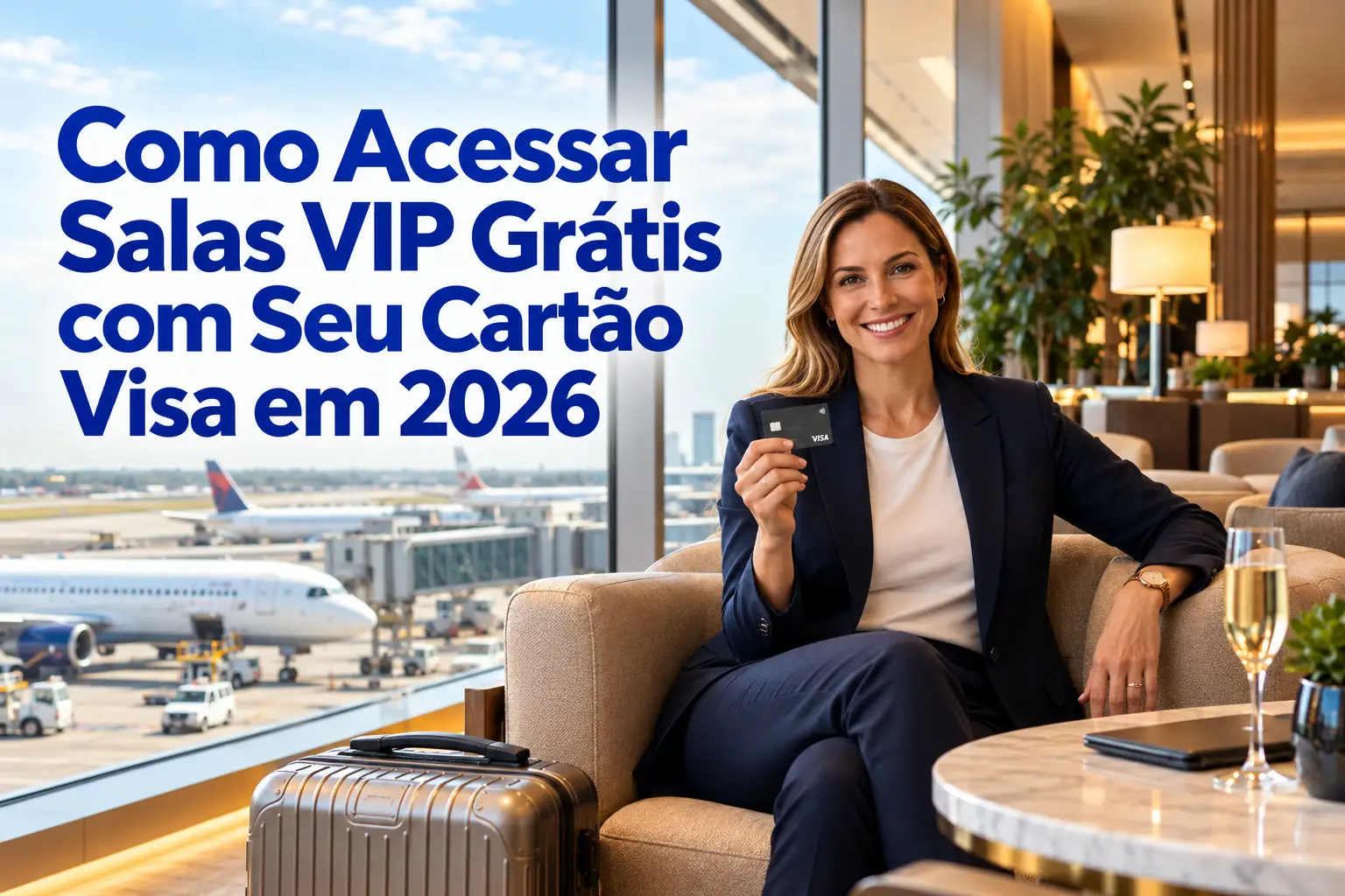 Como acessar salas VIP grátis com cartão Visa em 2026: mulher apresenta cartão Visa em sala VIP de aeroporto.