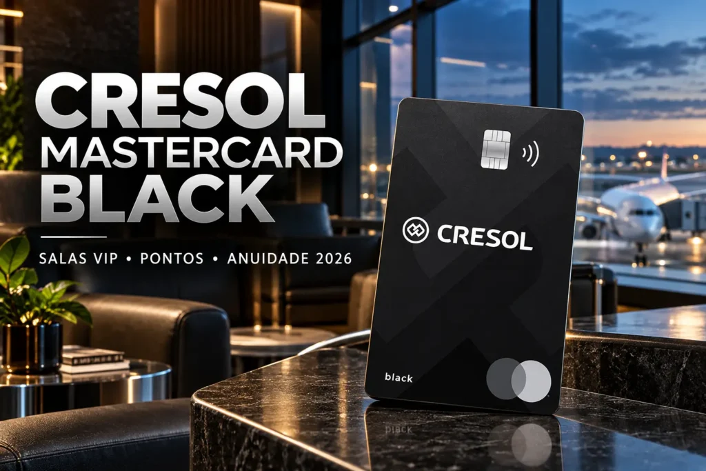 Cartão Cresol Mastercard Black em lounge de aeroporto premium, com benefícios de salas VIP, pontos e anuidade em 2026.