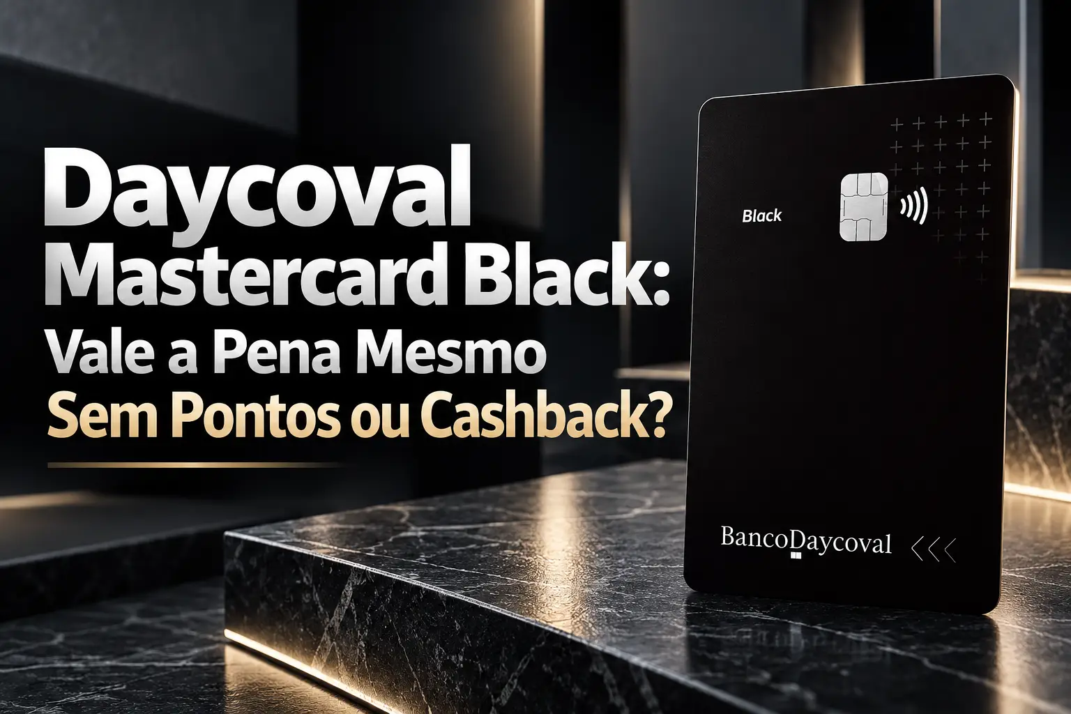 Cartão Daycoval Mastercard Black preto, com chip prateado e logotipo Banco Daycoval, apresentado em cenário premium com o título sobre pontos e cashback.