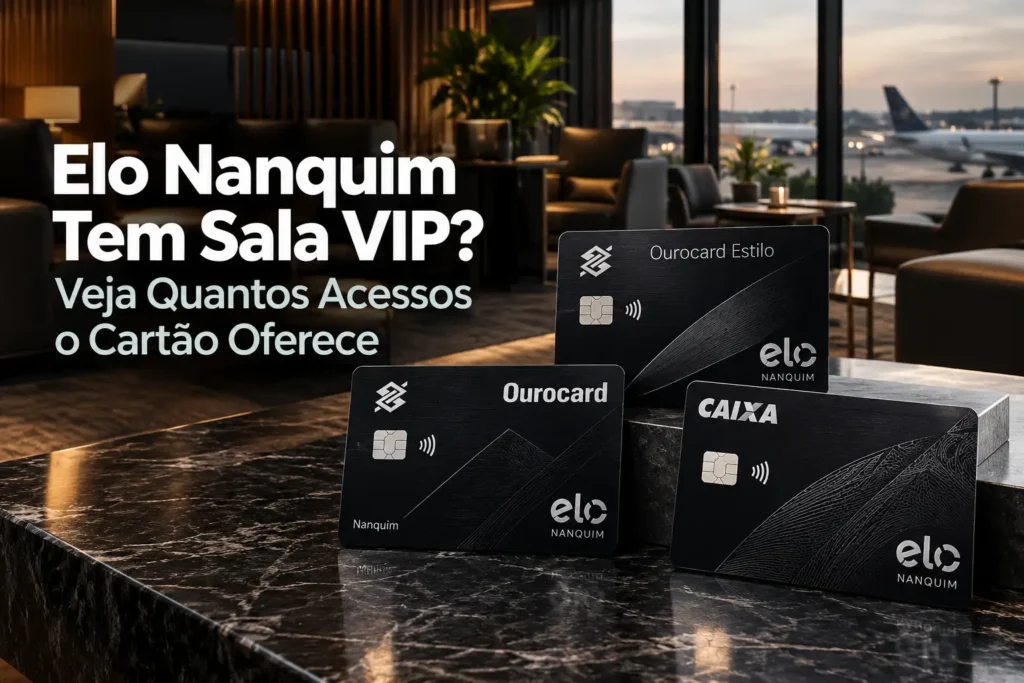 Cartões Elo Nanquim do Banco do Brasil e da CAIXA em cenário de sala VIP de aeroporto, destacando os acessos oferecidos pelos cartões.