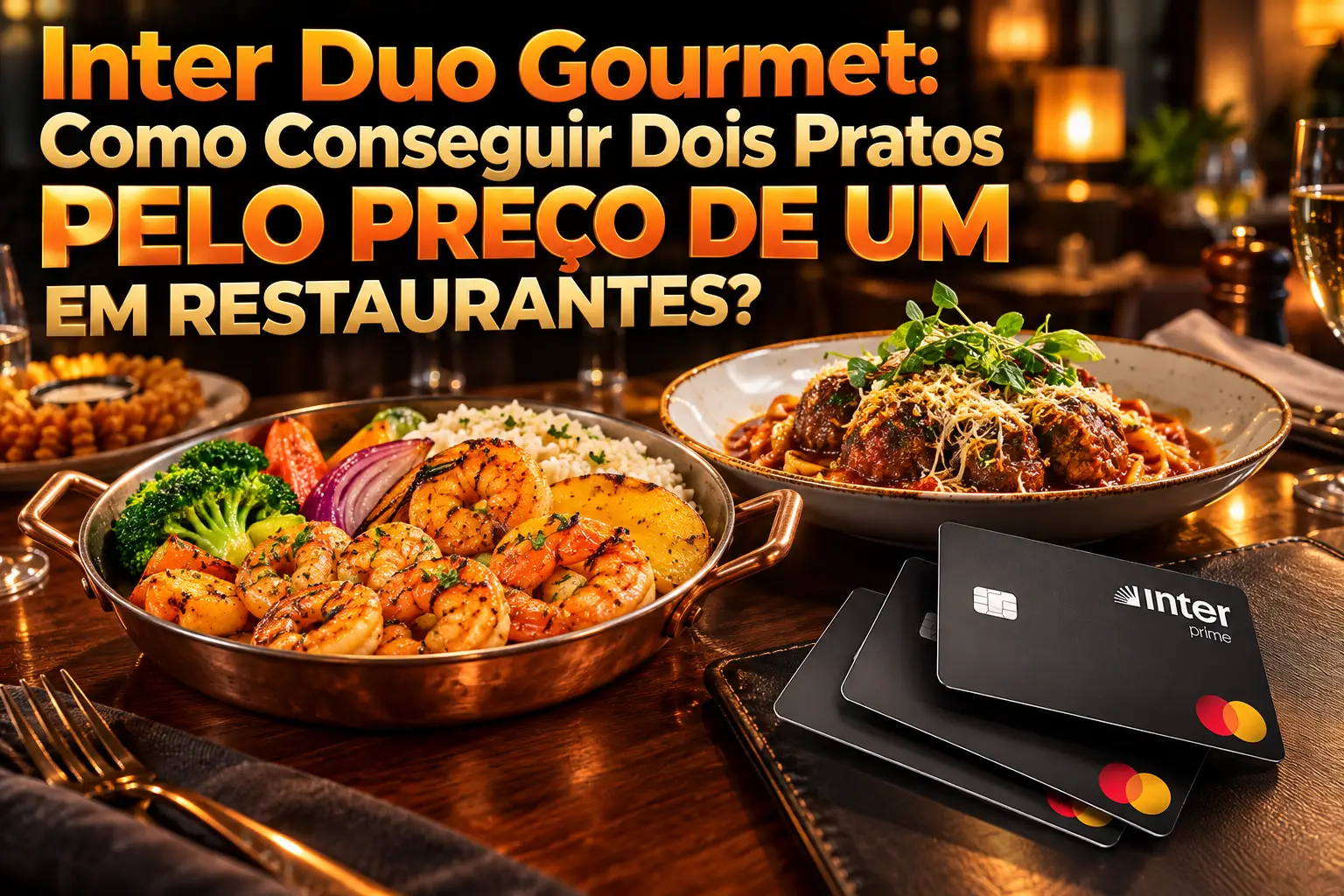 Inter Duo Gourmet: dois pratos pelo preço de um em restaurantes, com pratos de camarão e massa italiana e cartões Inter Prime Mastercard.