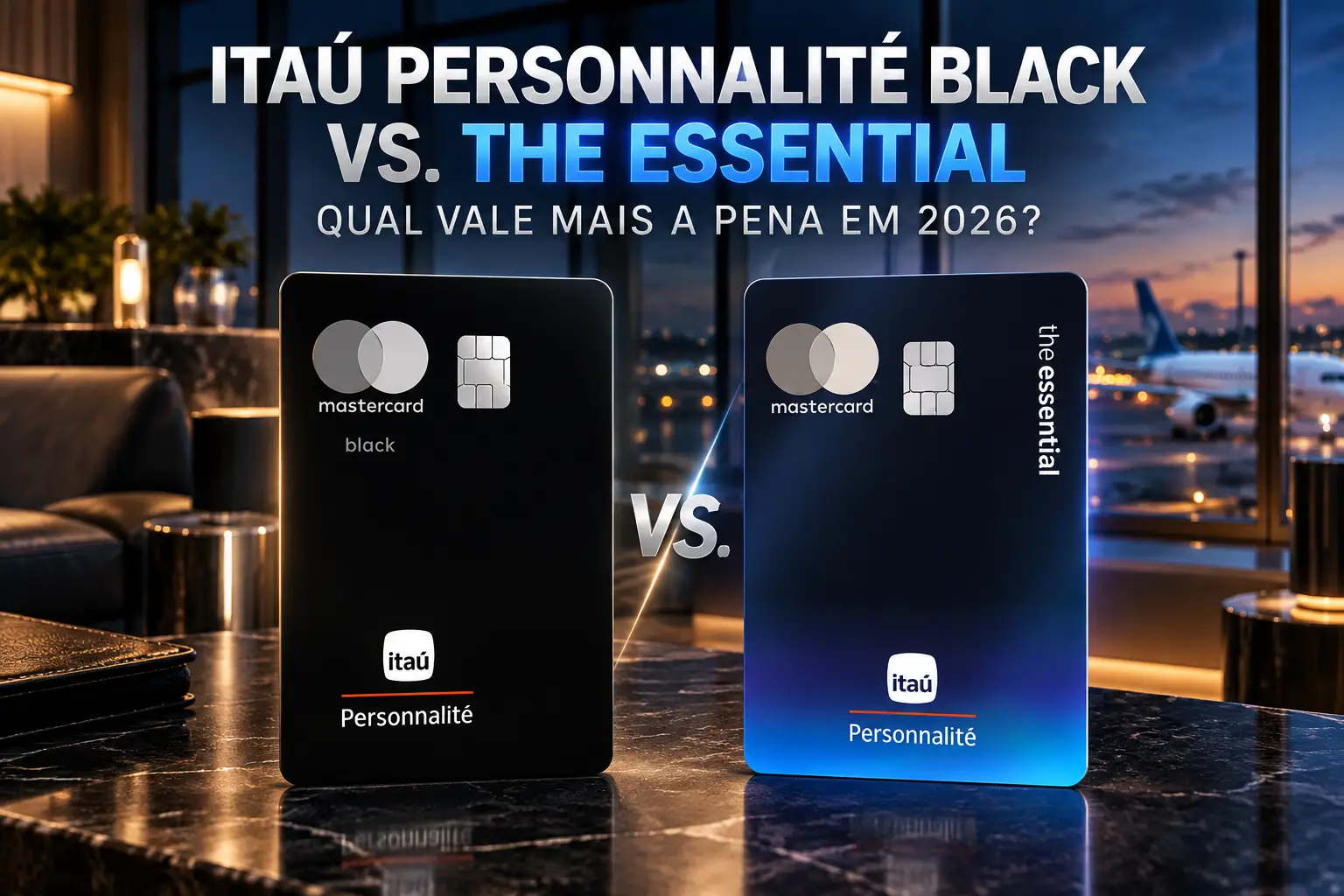 Comparativo Itaú Personnalité Black vs. The Essential em 2026, com os dois cartões Mastercard Black lado a lado em uma sala VIP de aeroporto.