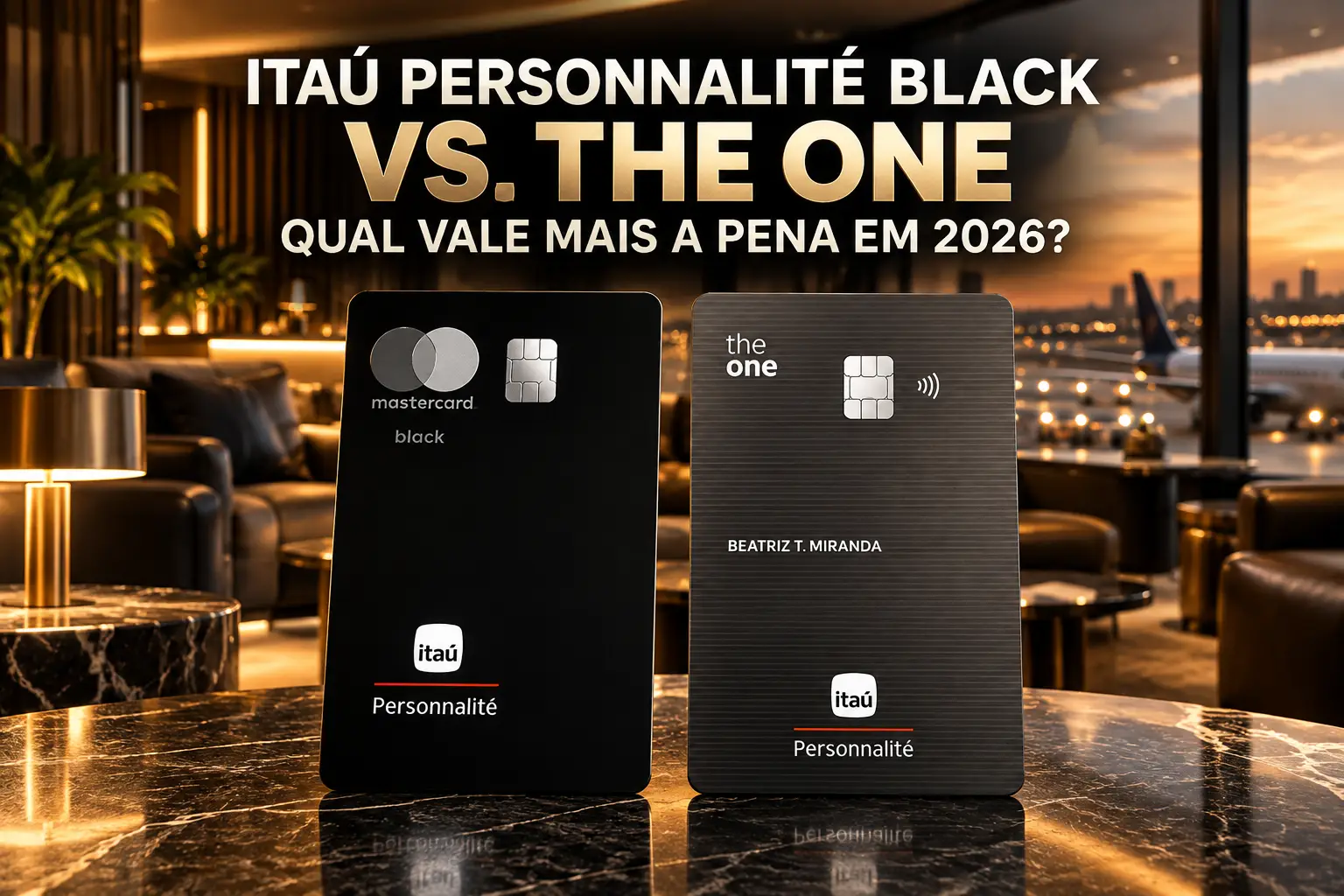Itaú Personnalité Black vs. The One Mastercard Black 2026: comparação dos dois cartões em sala VIP de aeroporto.