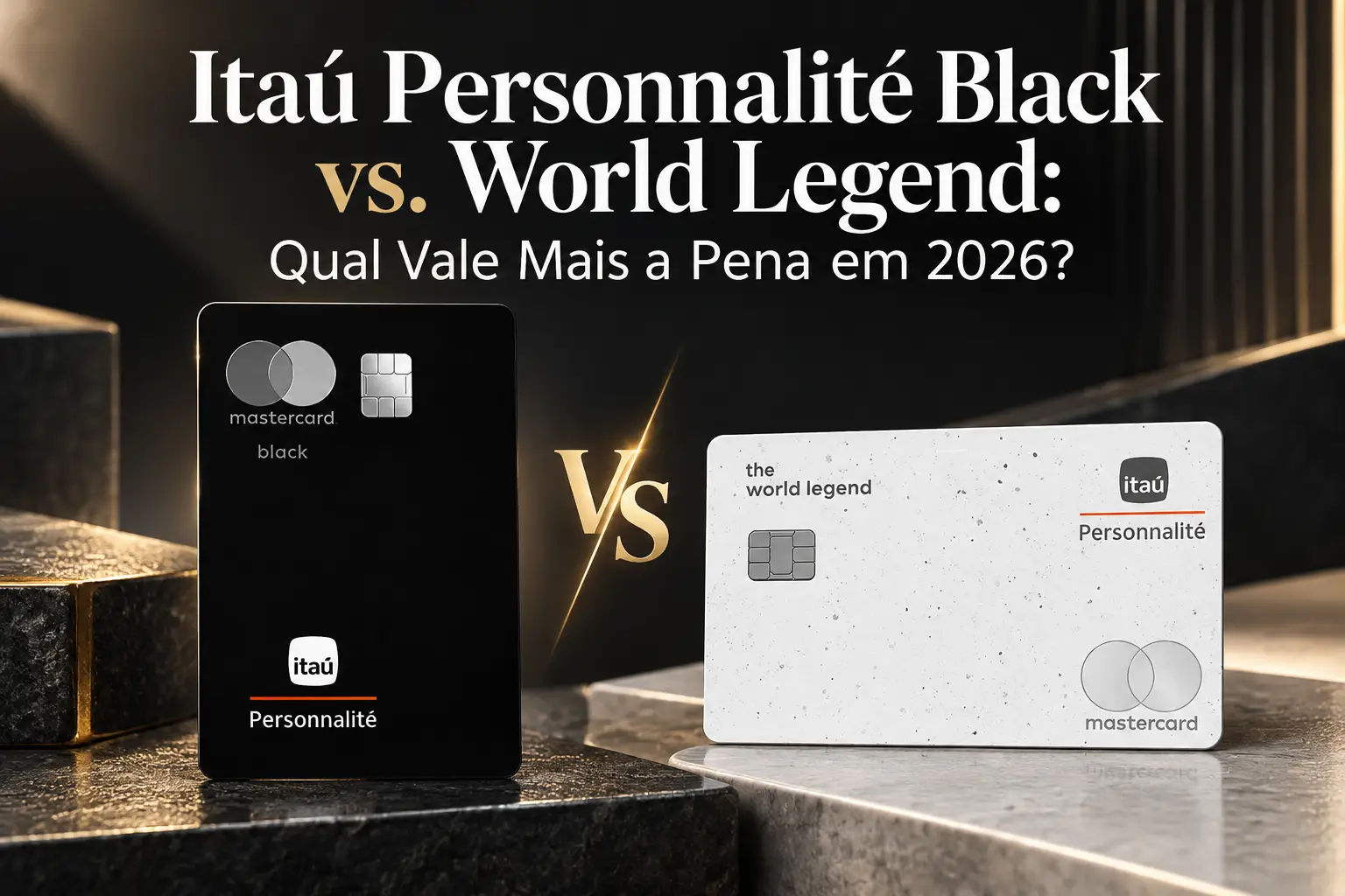 Comparativo Itaú Personnalité Black vs. World Legend 2026, com os dois cartões Mastercard e seus diferentes benefícios premium.