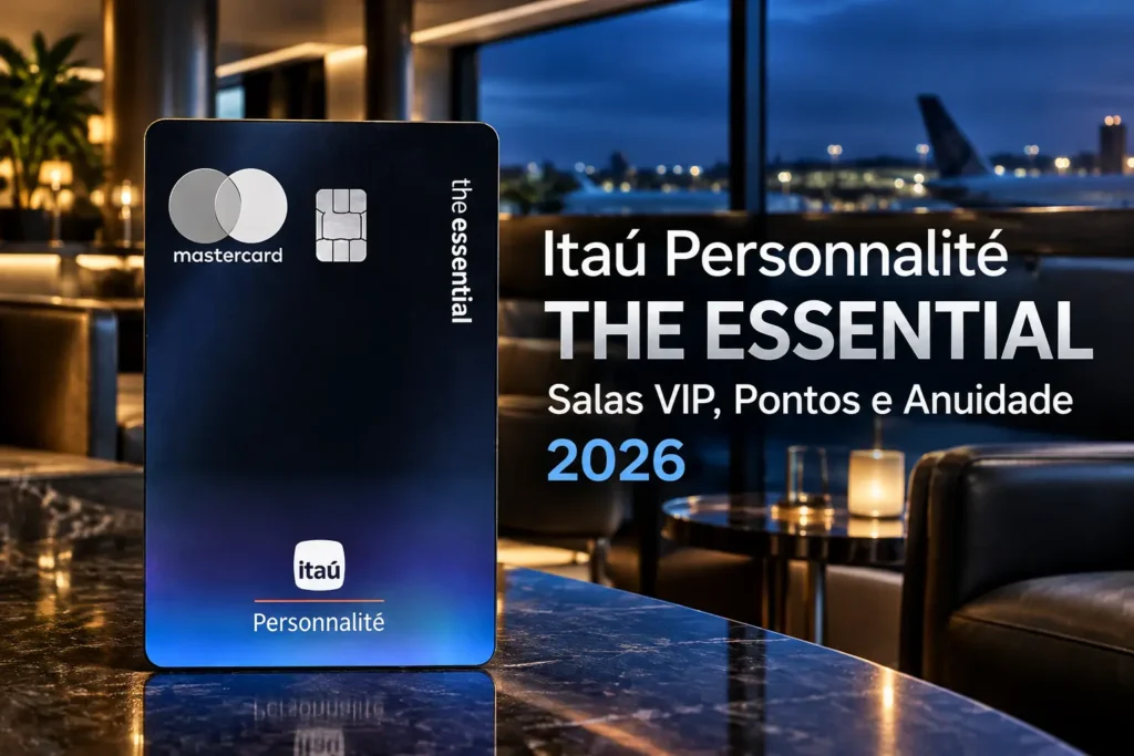 Cartão Itaú Personnalité The Essential Mastercard em sala VIP de aeroporto, com destaque para pontos, anuidade e benefícios em 2026.