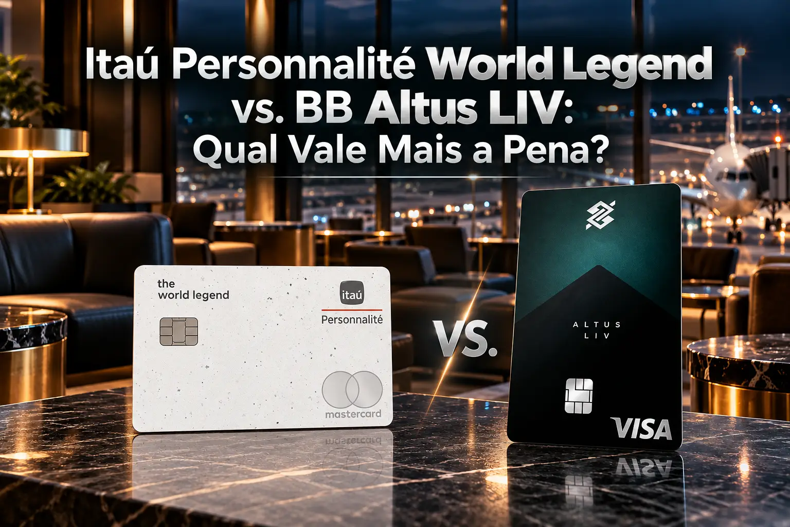Itaú Personnalité World Legend vs. BB Altus LIV em comparação de cartões premium, com destaque para pontos, salas VIP e benefícios.