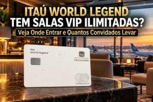 Itaú Personnalité World Legend Mastercard em sala VIP de aeroporto, destacando acessos ilimitados e regras para convidados.