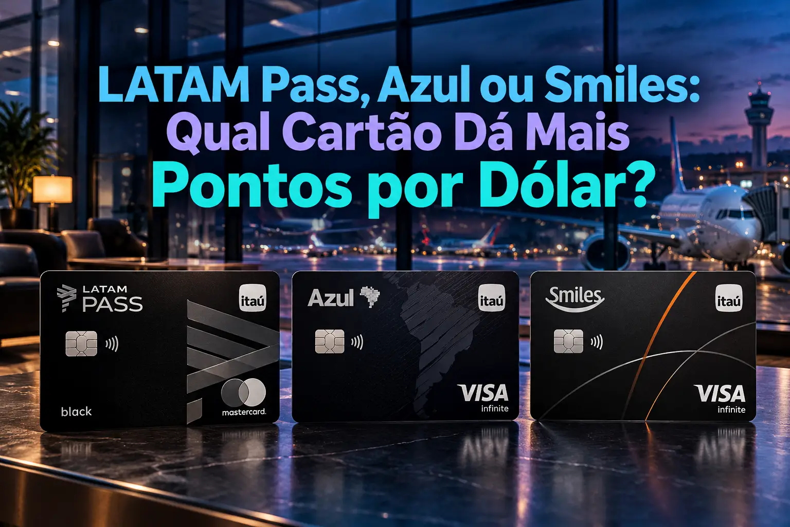 LATAM Pass Black, Azul Visa Infinite e Smiles Visa Infinite lado a lado em aeroporto, comparando qual cartão acumula mais pontos por dólar.