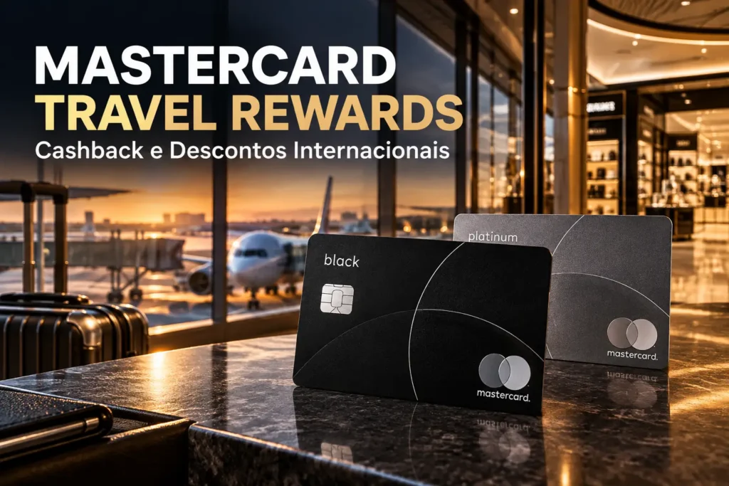 Mastercard Travel Rewards: cartões Mastercard Black e Platinum em aeroporto internacional, com benefícios de cashback e descontos em viagens.