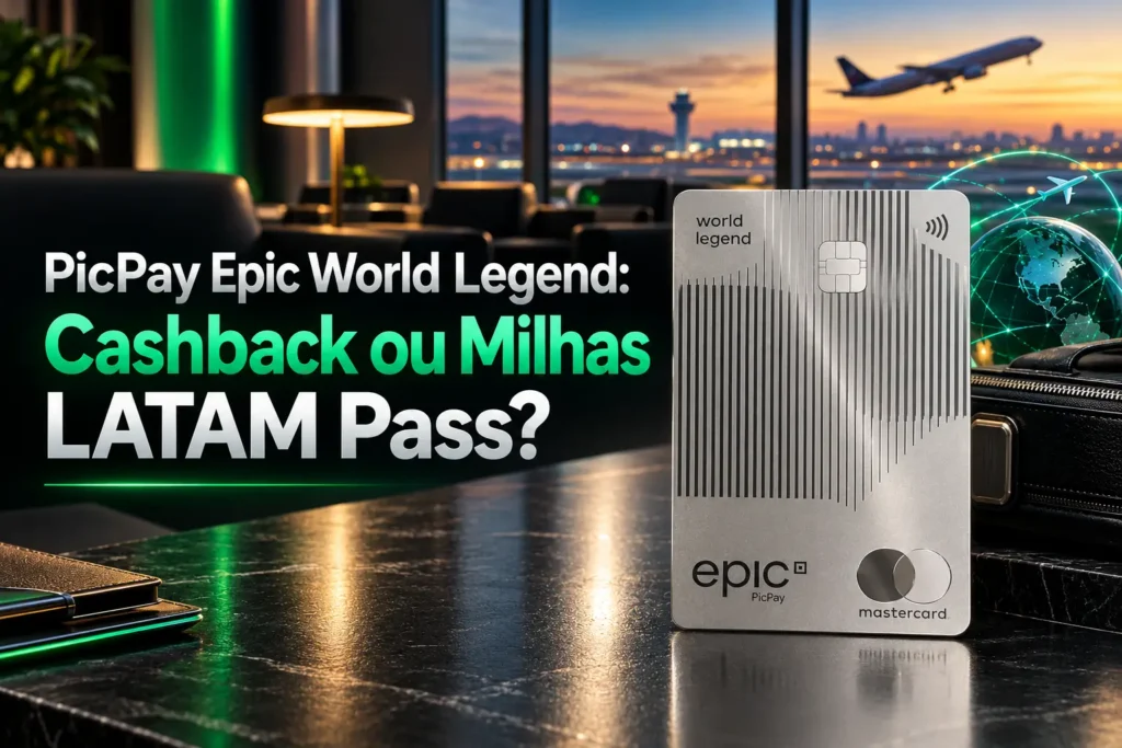 PicPay Epic World Legend Mastercard prateado com comparação entre cashback e milhas LATAM Pass em 2026.