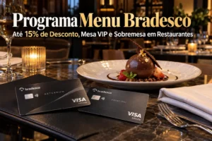Programa Menu Bradesco com cartões premium, até 15% de desconto, Mesa VIP e sobremesa em restaurantes.