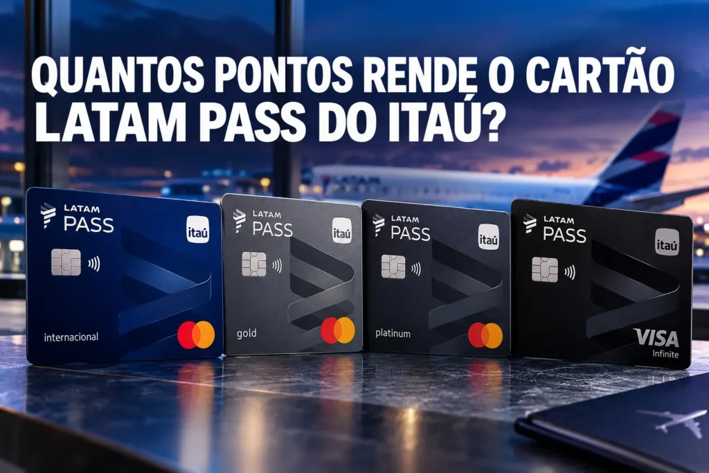 Cartões LATAM Pass do Itaú Internacional, Gold, Platinum e Infinite para comparar quantos pontos cada versão acumula.