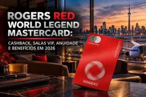 Rogers Red World Legend Mastercard 2026, cartão premium canadense com cashback, salas VIP Plaza Premium, anuidade e benefícios de viagem.