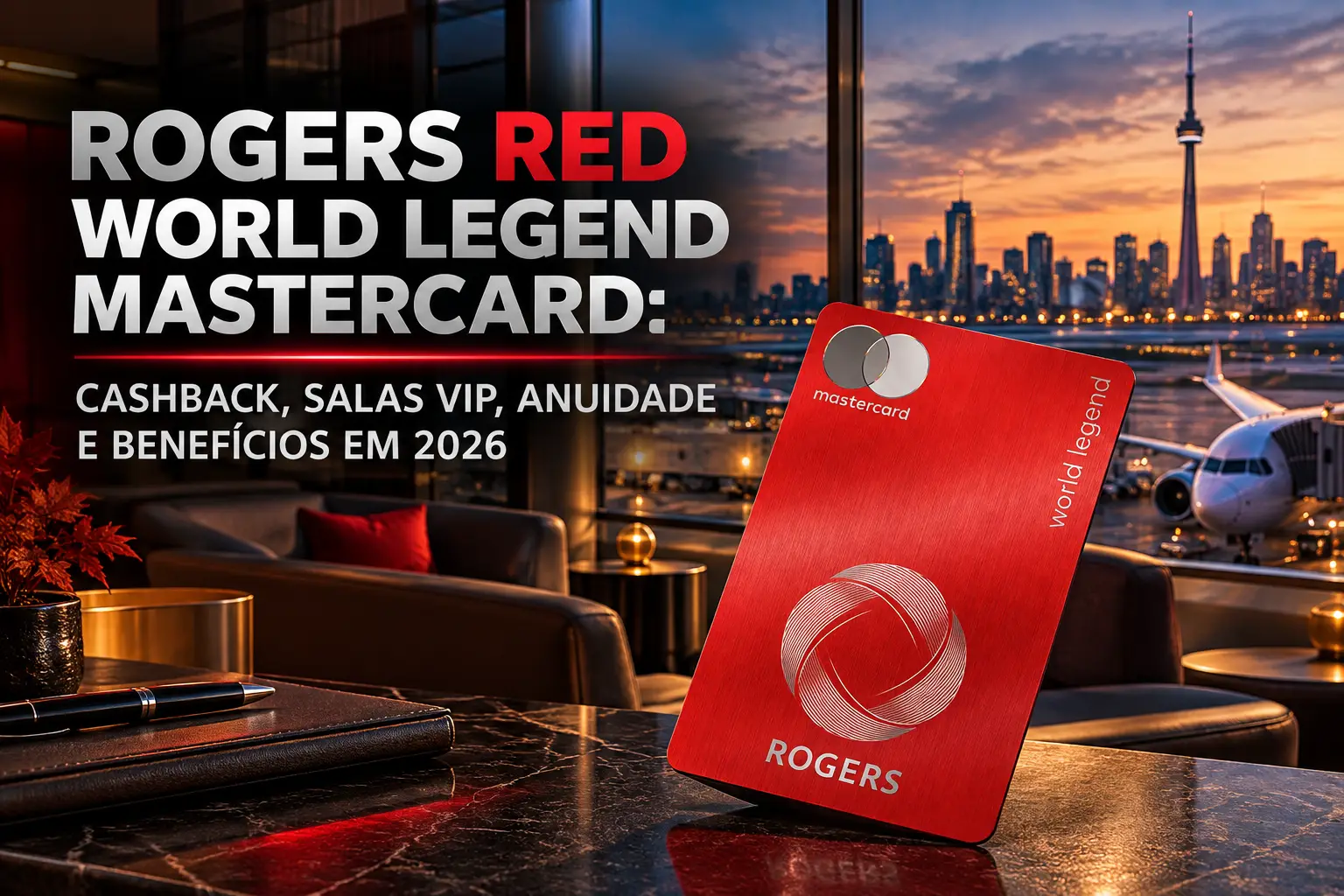 Rogers Red World Legend Mastercard 2026, cartão premium canadense com cashback, salas VIP Plaza Premium, anuidade e benefícios de viagem.