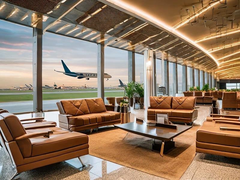 Sala VIP de aeroporto com sofás de couro, ambiente luxuoso, janelas panorâmicas e vista para avião na pista.