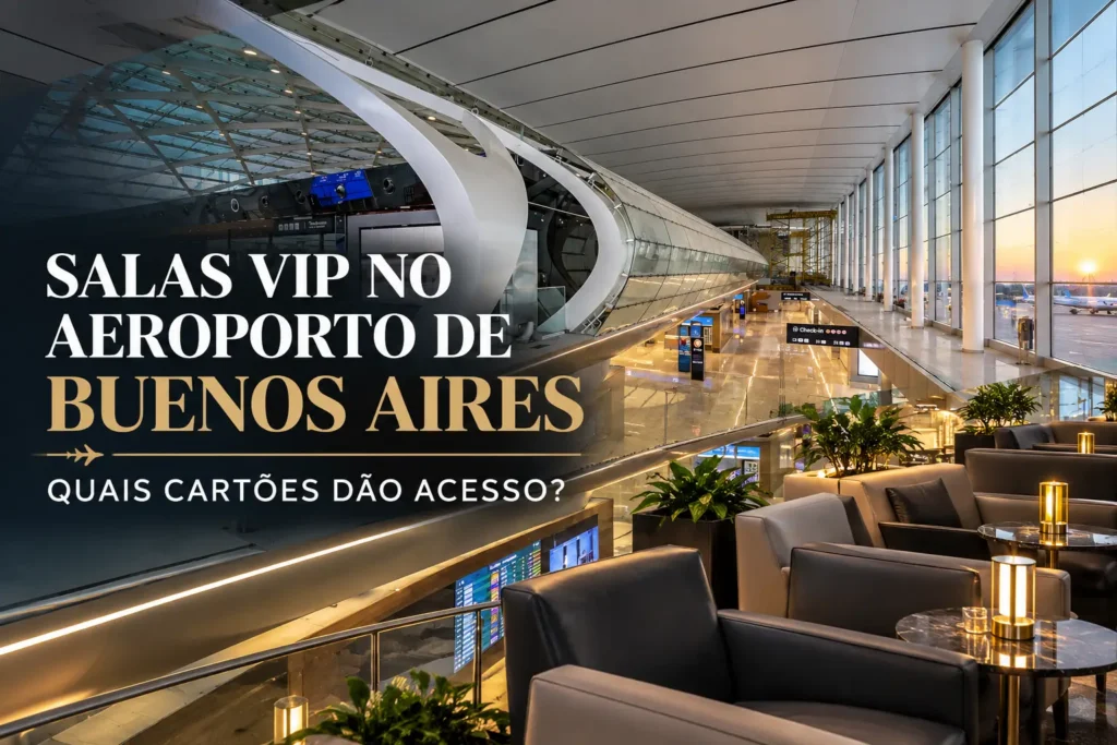 Salas VIP no Aeroporto de Buenos Aires (Ezeiza), com arquitetura do terminal internacional e área premium de descanso em 2026.