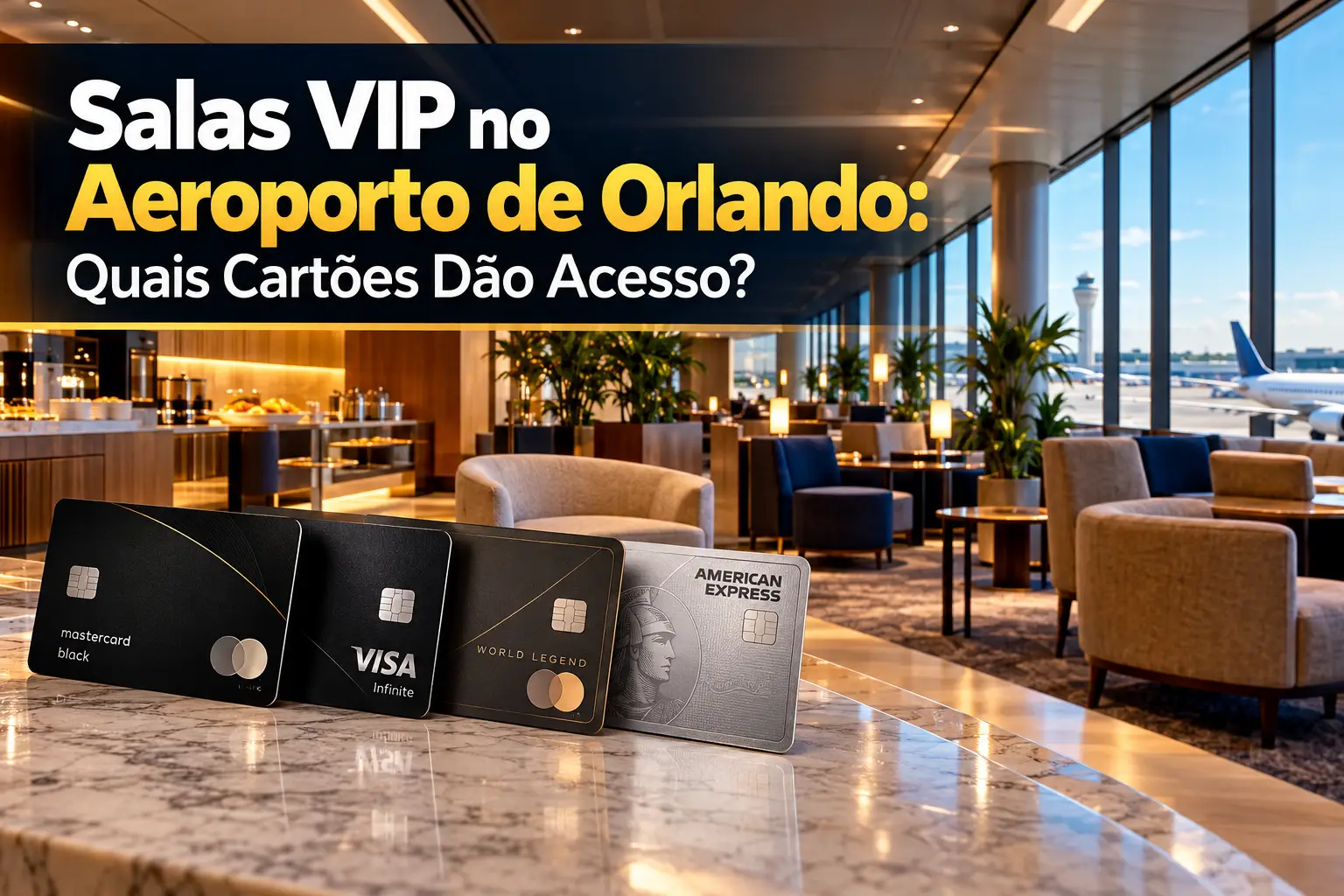 Salas VIP no Aeroporto de Orlando com cartões Mastercard Black, Visa Infinite, World Legend e American Express em ambiente premium.