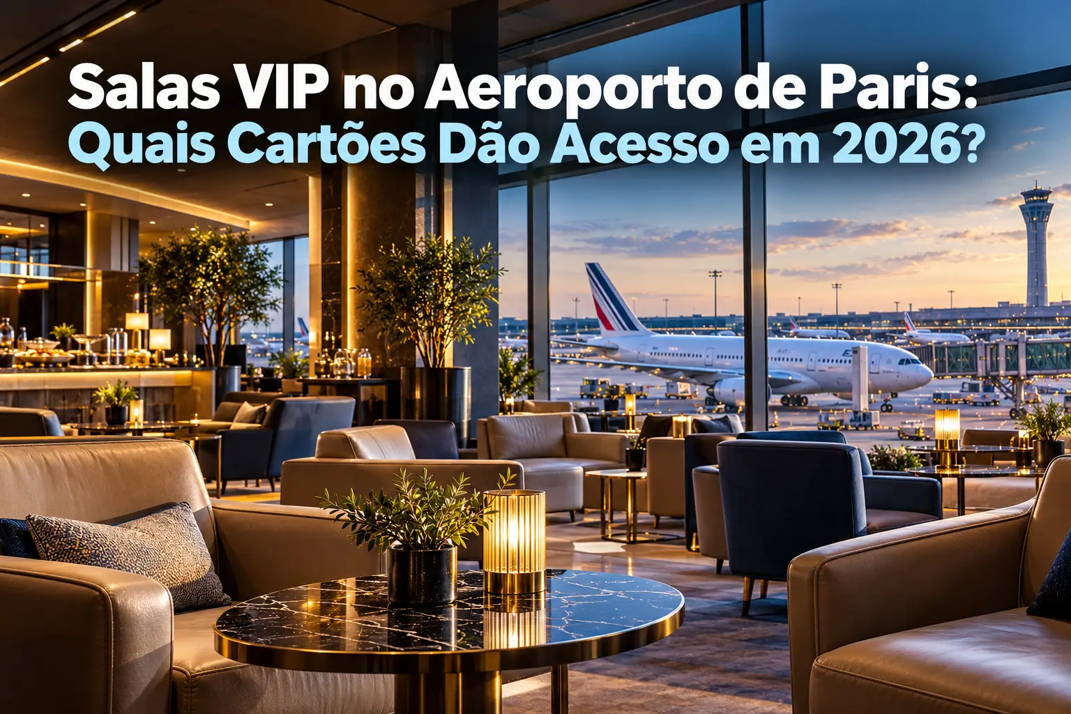 Salas VIP no Aeroporto de Paris Charles de Gaulle (CDG) em 2026, com ambiente premium, poltronas sofisticadas e vista para aeronaves.