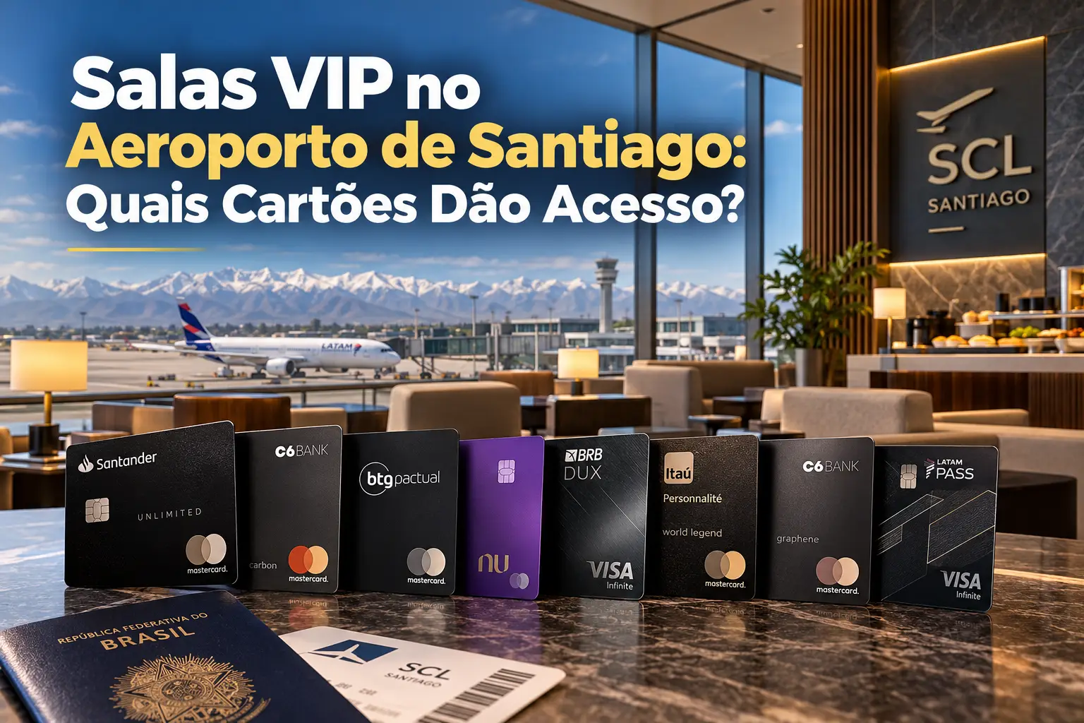 Salas VIP no Aeroporto de Santiago (SCL) com cartões Mastercard Black, World Legend e Visa Infinite, avião LATAM e Cordilheira dos Andes ao fundo.