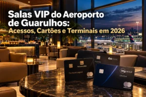 Salas VIP do Aeroporto de Guarulhos em 2026, com ambiente premium, vista para aeronaves e cartões Itaú Personnalité, C6 Graphene e BTG Ultrablue.