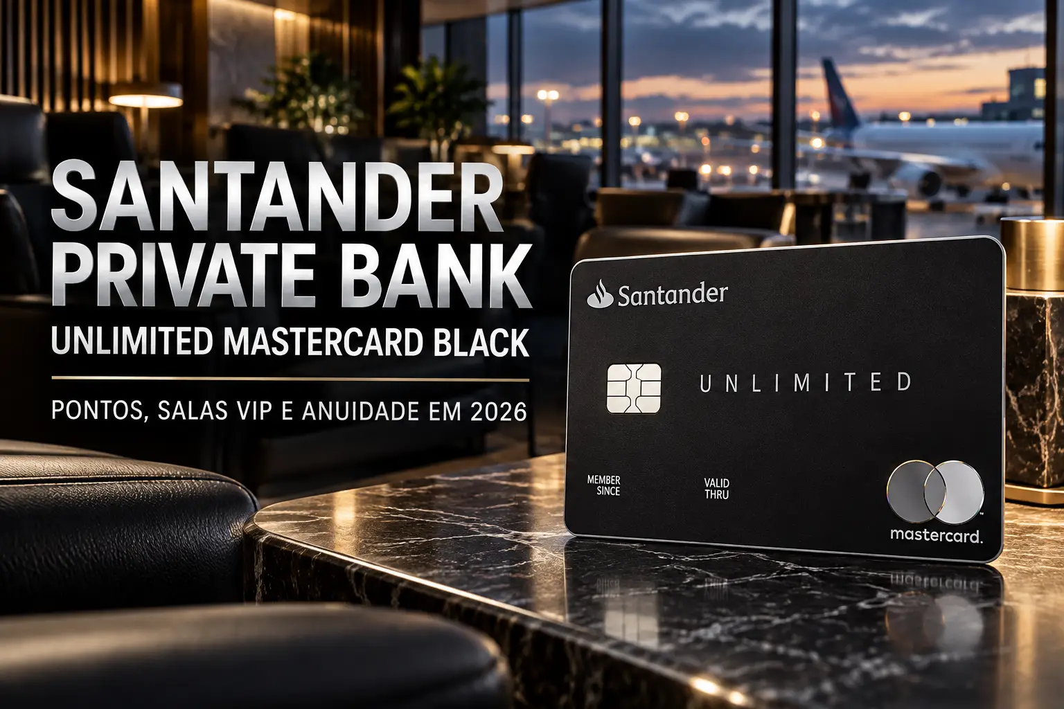 Cartão Santander Private Bank Unlimited Mastercard Black em destaque sobre mesa de mármore em sala VIP de aeroporto, com benefícios de pontos e anuidade em 2026.