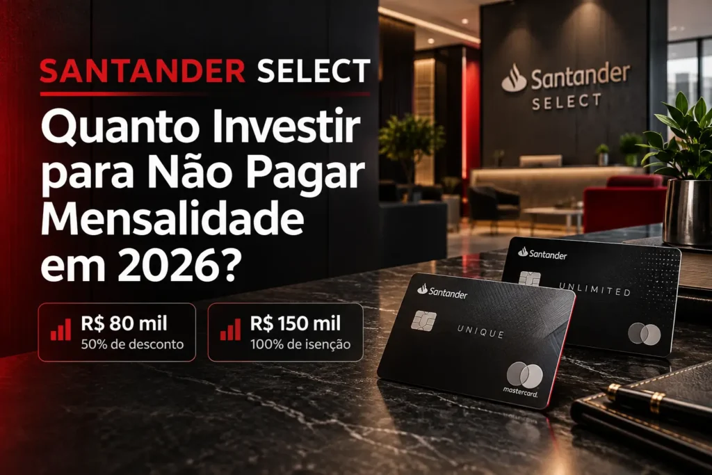 Santander Select em 2026: investimentos de R$ 80 mil para 50% de desconto e R$ 150 mil para isenção da mensalidade.
